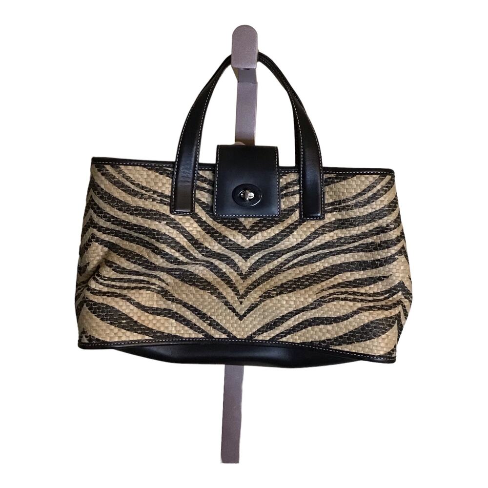 Coach  Zebra Print Woven Straw Bag Small Purse Blue Lining Leather Trim